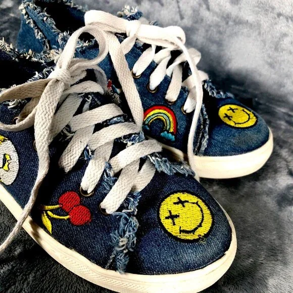 Denim Canvas Sneakers With Embroidered Smiley & Icons Frayed Detail - Picture 10 of 11